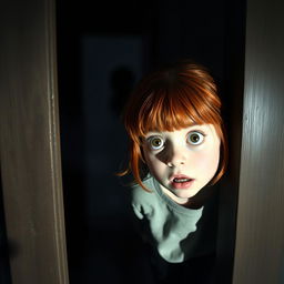 A scene featuring a young girl with striking red hair, peeking through a slightly ajar door with a look of surprise and fear on her face