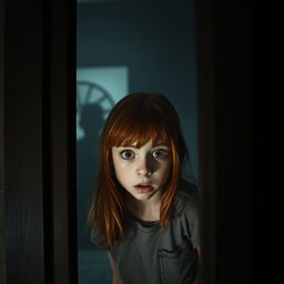 A scene featuring a young girl with striking red hair, peeking through a slightly ajar door with a look of surprise and fear on her face