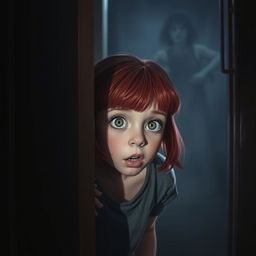 A scene featuring a young girl with striking red hair, peeking through a slightly ajar door with a look of surprise and fear on her face