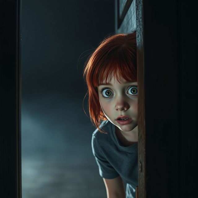 A scene featuring a young girl with striking red hair, peeking through a slightly ajar door with a look of surprise and fear on her face