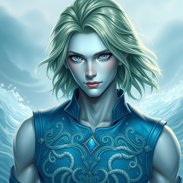 A captivating portrait of a male water genasi with shoulder-length, light green hair that flows elegantly