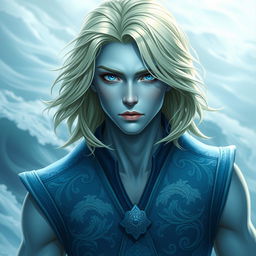 A captivating portrait of a male water genasi with shoulder-length, light green hair that flows elegantly
