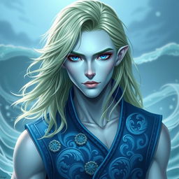 A captivating portrait of a male water genasi with shoulder-length, light green hair that flows elegantly