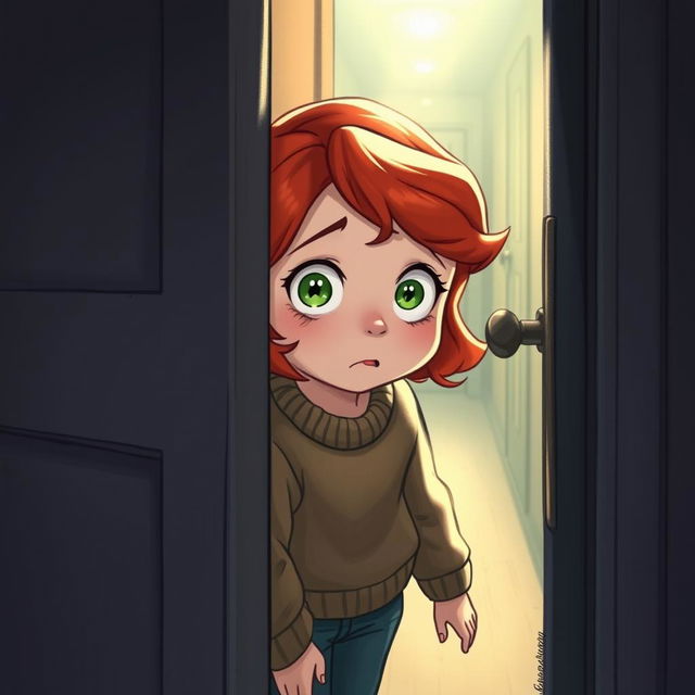 An illustration of a young red-haired girl peeking through a door, looking scared