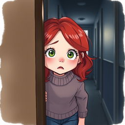 An illustration of a young red-haired girl peeking through a door, looking scared