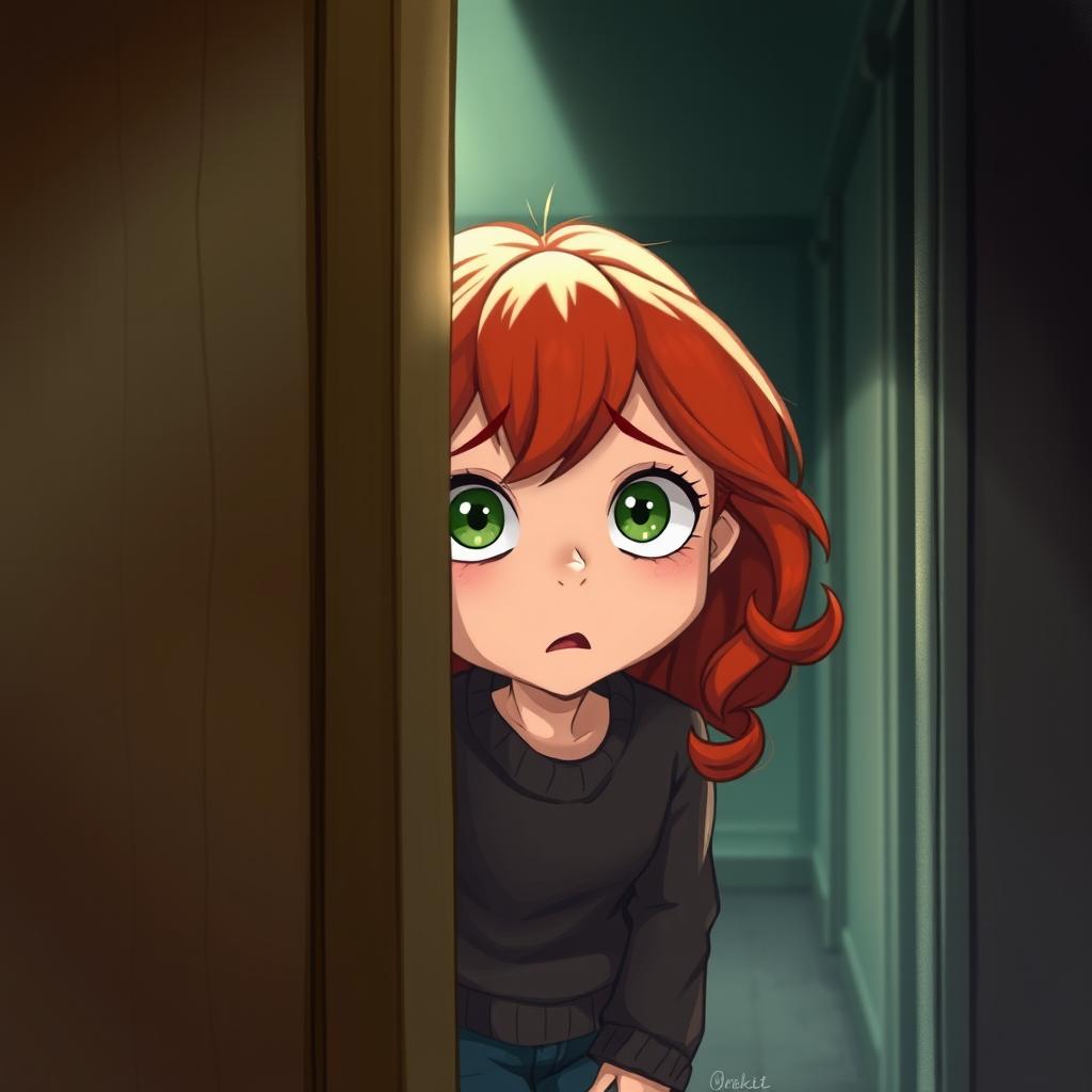 An illustration of a young red-haired girl peeking through a door, looking scared