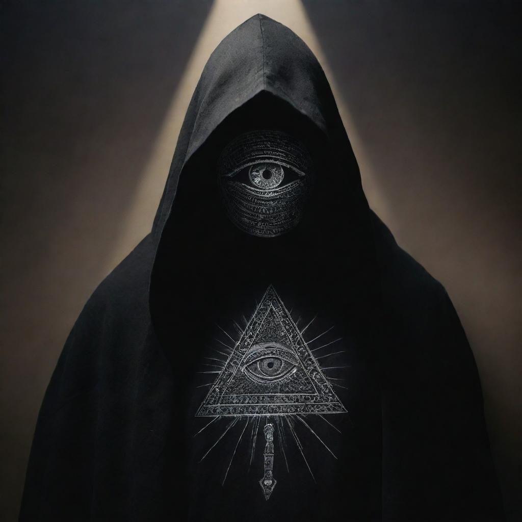 An individual shrouded in mystery, adorned with symbols associated with the Illuminati, including the all-seeing eye, pyramids, and uncanny lighting effects.