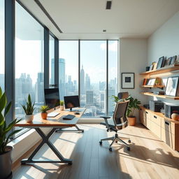 A sleek and modern office interior, featuring a large glass window with a view of a bustling city skyline