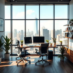 A sleek and modern office interior, featuring a large glass window with a view of a bustling city skyline