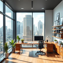 A sleek and modern office interior, featuring a large glass window with a view of a bustling city skyline