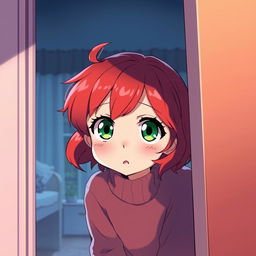 An illustration of a young red-haired girl peeking through a door, looking startled