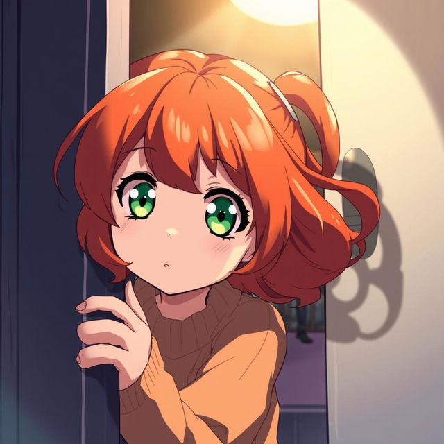 An illustration of a young red-haired girl peeking through a door, looking startled