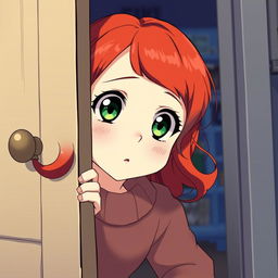 An illustration of a young red-haired girl peeking through a door, looking startled