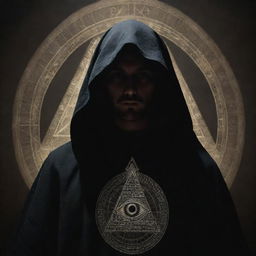 An individual shrouded in mystery, adorned with symbols associated with the Illuminati, including the all-seeing eye, pyramids, and uncanny lighting effects.