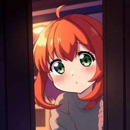 An illustration of a young red-haired girl peeking through a door, looking startled