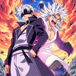 An anime-style poster featuring Gojo Satoru standing confidently with his signature blindfold and white hair, alongside R-Shitei, who has an expressive and striking appearance