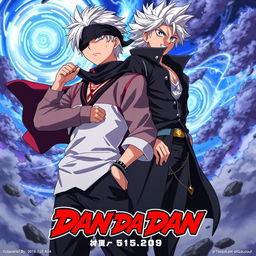An anime-style poster featuring Gojo Satoru standing confidently with his signature blindfold and white hair, alongside R-Shitei, who has an expressive and striking appearance