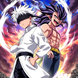 An anime-style poster featuring Gojo Satoru standing confidently with his signature blindfold and white hair, alongside R-Shitei, who has an expressive and striking appearance