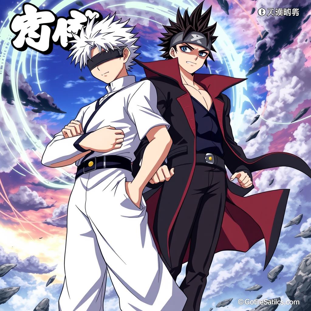 An anime-style poster featuring Gojo Satoru standing confidently with his signature blindfold and white hair, alongside R-Shitei, who has an expressive and striking appearance