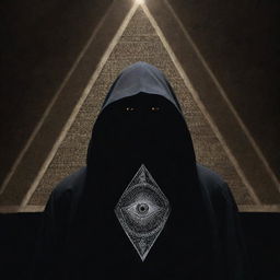 An individual shrouded in mystery, adorned with symbols associated with the Illuminati, including the all-seeing eye, pyramids, and uncanny lighting effects.