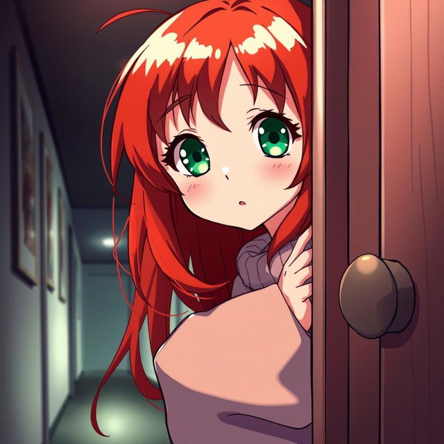 An illustration of a young red-haired girl peeking through a door, looking startled