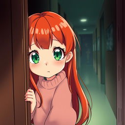 An illustration of a young red-haired girl peeking through a door, looking startled