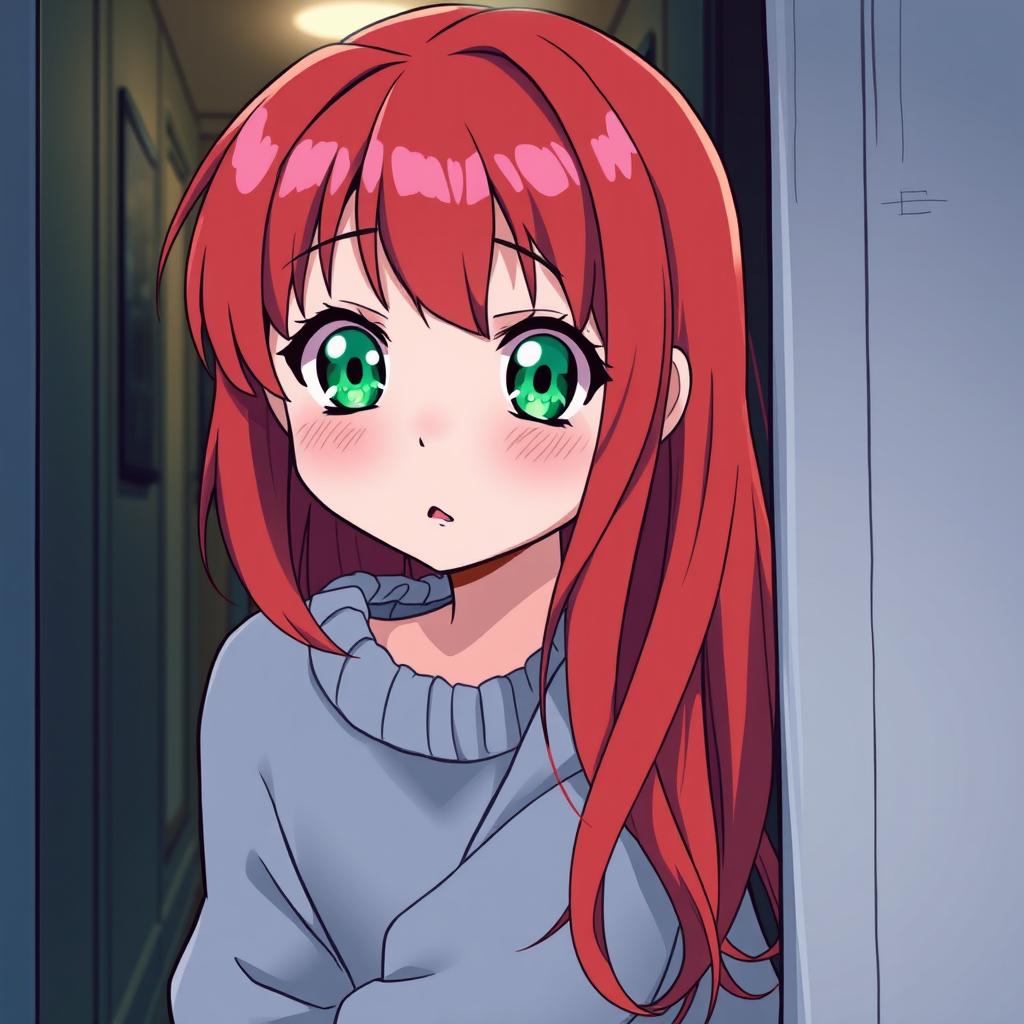 An illustration of a young red-haired girl peeking through a door, looking startled