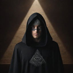 An individual shrouded in mystery, adorned with symbols associated with the Illuminati, including the all-seeing eye, pyramids, and uncanny lighting effects.