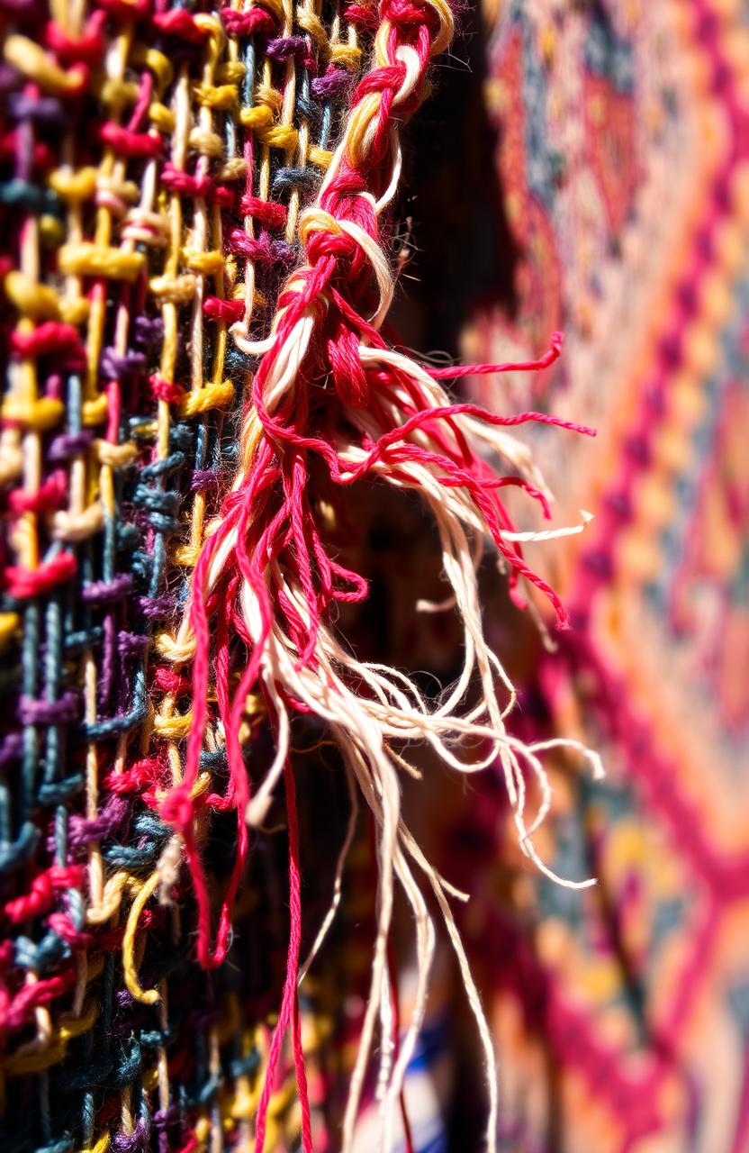 A close-up view of a tapestry in the process of being unraveled, showcasing vibrant colored threads and intricate patterns