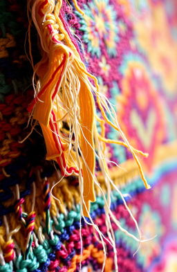 A close-up view of a tapestry in the process of being unraveled, showcasing vibrant colored threads and intricate patterns