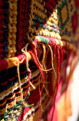 A close-up view of a tapestry in the process of being unraveled, showcasing vibrant colored threads and intricate patterns