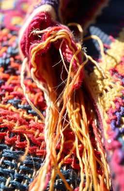 A close-up view of a tapestry in the process of being unraveled, showcasing vibrant colored threads and intricate patterns