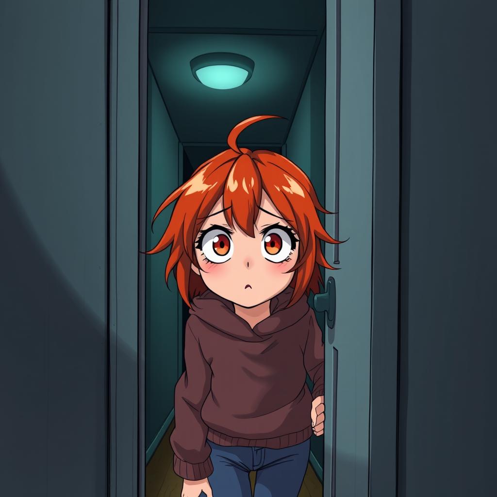 An illustration of a young red-haired girl peeking through a door with a scared expression, in an American anime style