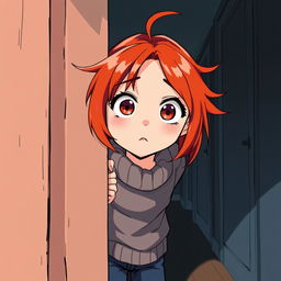 An illustration of a young red-haired girl peeking through a door with a scared expression, in an American anime style