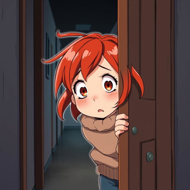 An illustration of a young red-haired girl peeking through a door with a scared expression, in an American anime style