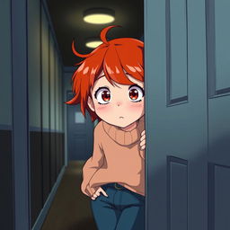 An illustration of a young red-haired girl peeking through a door with a scared expression, in an American anime style