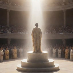 A majestic person on a pedestal, radiating ethereal light. Surrounding them, a crowd of diverse individuals kneeling in awe and respect, each demonstrating a deep sense of reverence towards the figure.