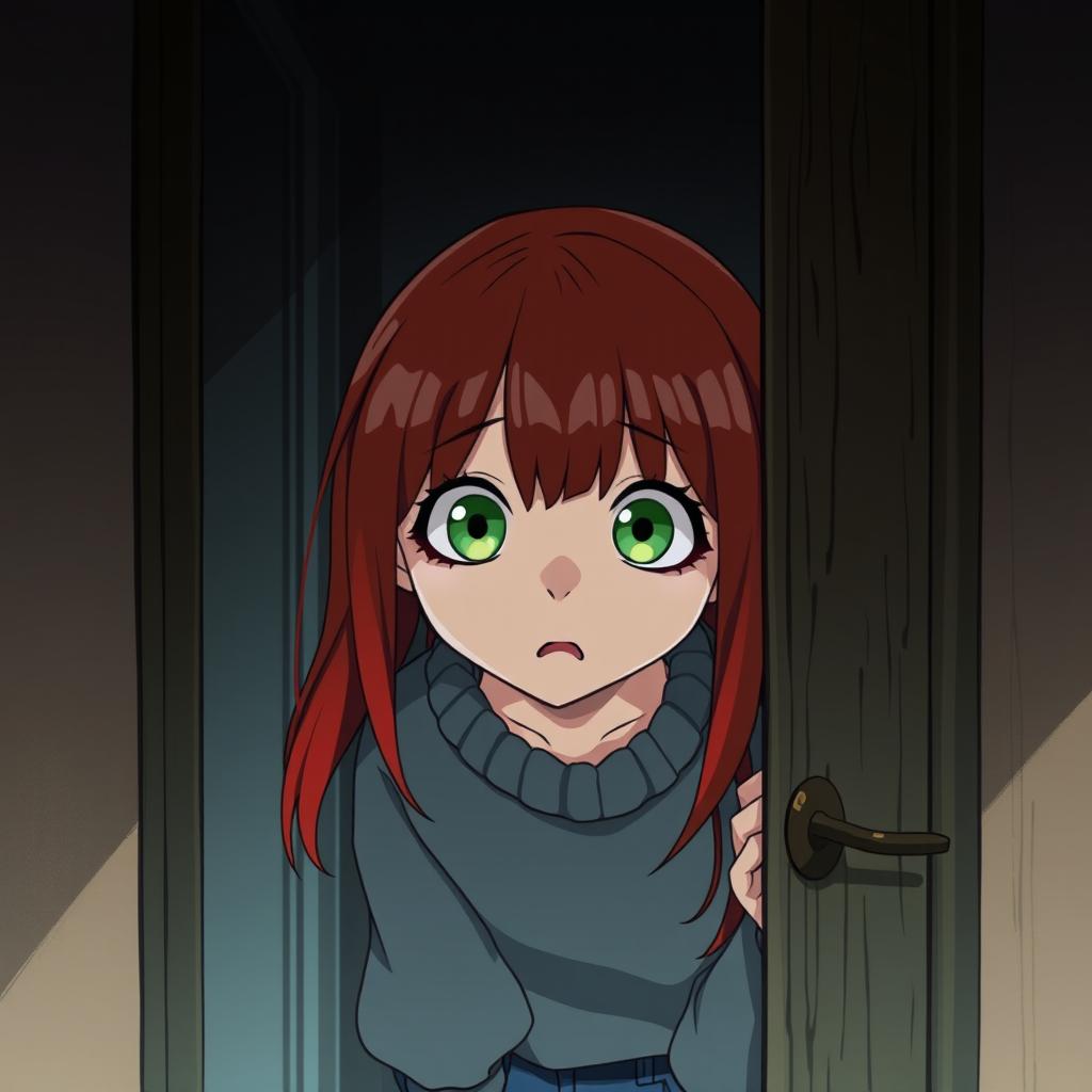 An illustration of a teenage redhead peeking through a door with a scared expression, styled in American anime