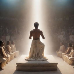 A majestic person on a pedestal, radiating ethereal light. Surrounding them, a crowd of diverse individuals kneeling in awe and respect, each demonstrating a deep sense of reverence towards the figure.