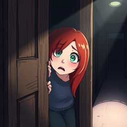 An illustration of a teenage redhead peeking through a door with a scared expression, styled in American anime