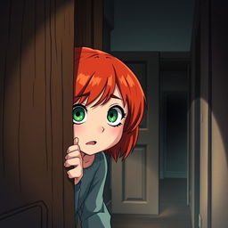 An illustration of a teenage redhead peeking through a door with a scared expression, styled in American anime