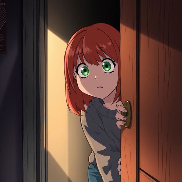 An illustration of a teenage redhead peeking through a door with a scared expression, styled in American anime