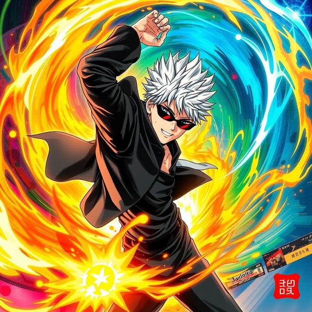 A dynamic and captivating poster featuring Gojo Satoru from Jujutsu Kaisen