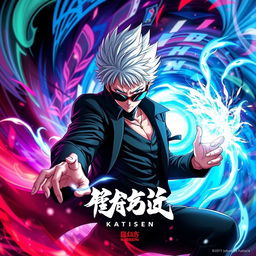 A dynamic and captivating poster featuring Gojo Satoru from Jujutsu Kaisen