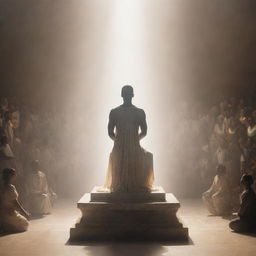 A majestic person on a pedestal, radiating ethereal light. Surrounding them, a crowd of diverse individuals kneeling in awe and respect, each demonstrating a deep sense of reverence towards the figure.