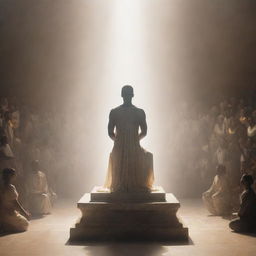 A majestic person on a pedestal, radiating ethereal light. Surrounding them, a crowd of diverse individuals kneeling in awe and respect, each demonstrating a deep sense of reverence towards the figure.