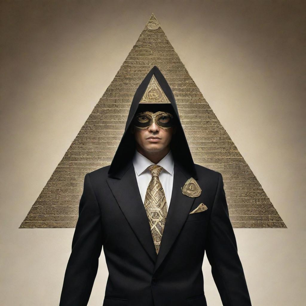 A member of the Illuminati, exuding pride and confidence, prominent Illuminati symbols like the pyramid and the all-seeing eye subtly incorporated in their attire.