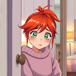 An illustration of a scared red-haired teenage girl peeking through a door, showcasing a blend of American anime style