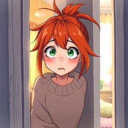 An illustration of a scared red-haired teenage girl peeking through a door, showcasing a blend of American anime style
