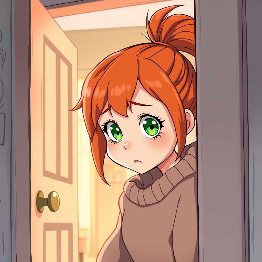 An illustration of a scared red-haired teenage girl peeking through a door, showcasing a blend of American anime style